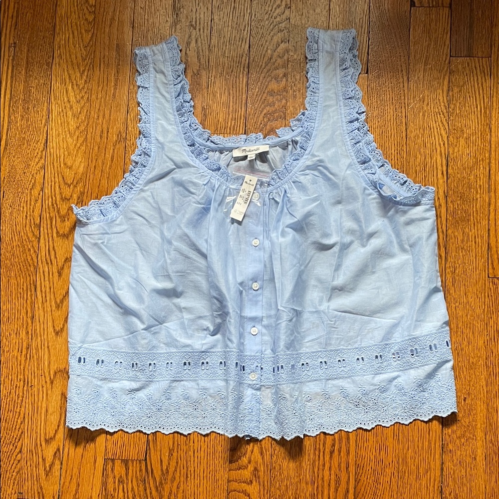 Madewell Eyelet Embroidered Blue Lace Trim Sleeveless Blouse